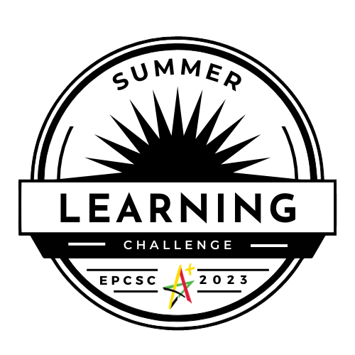 Circle badge with black sun and star that says Summer Learning Challenge