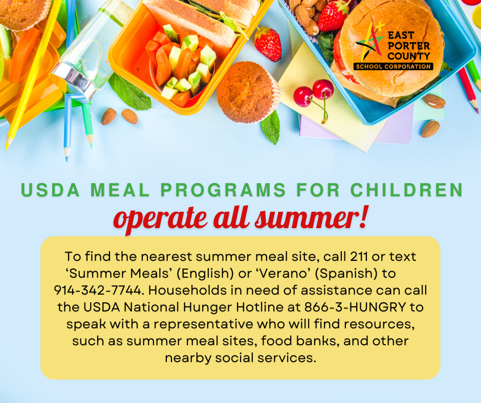 Background shows various food items and text informs reader that the USDA meal programs are available all summer.