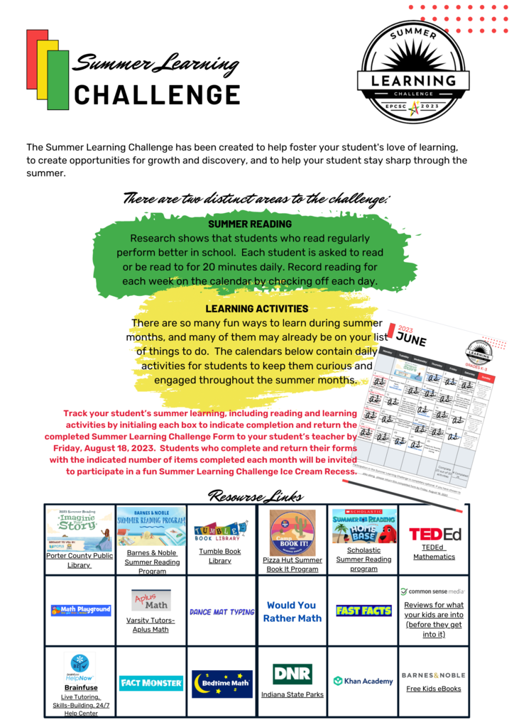 Image showing the directions for the summer learning challene.  Includes text explaining the program and resource links,