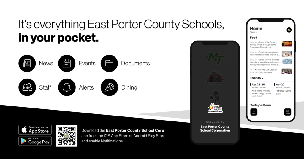 Black and white image showing cell phone with new east porter county school app. 