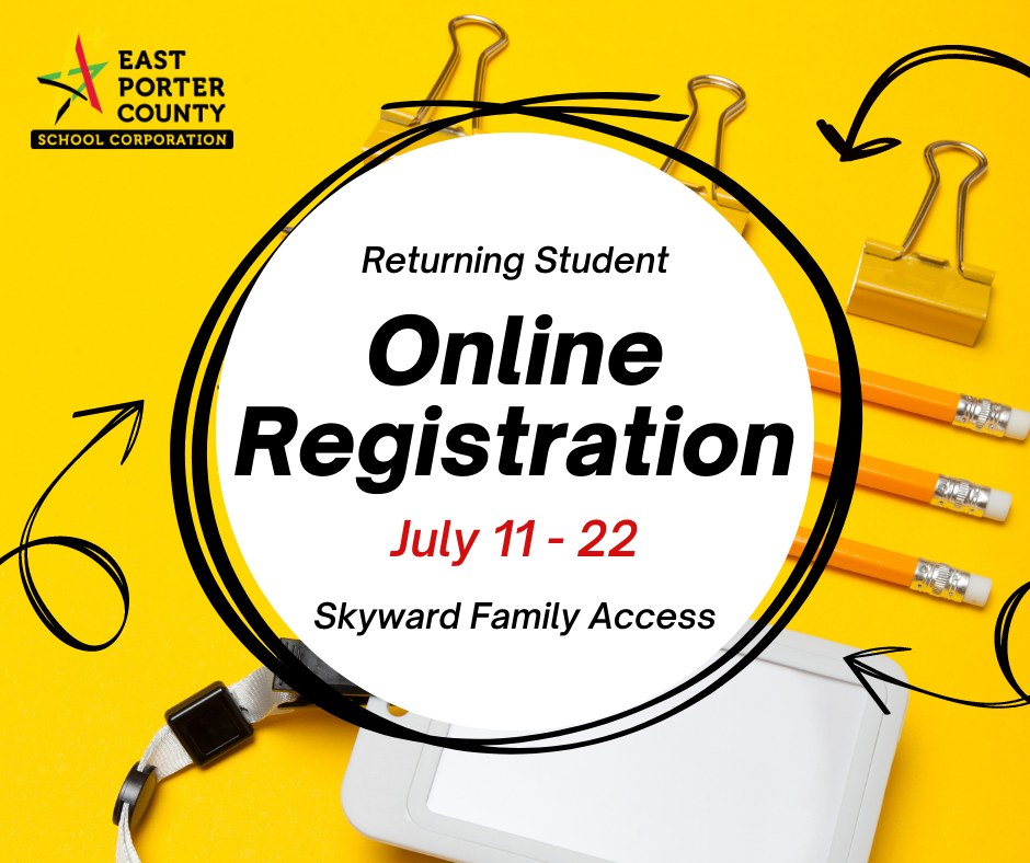 Yellow background with pencils and clips with white circle saying Returning Student Online Registration July 11-22 on Skyward Family Access