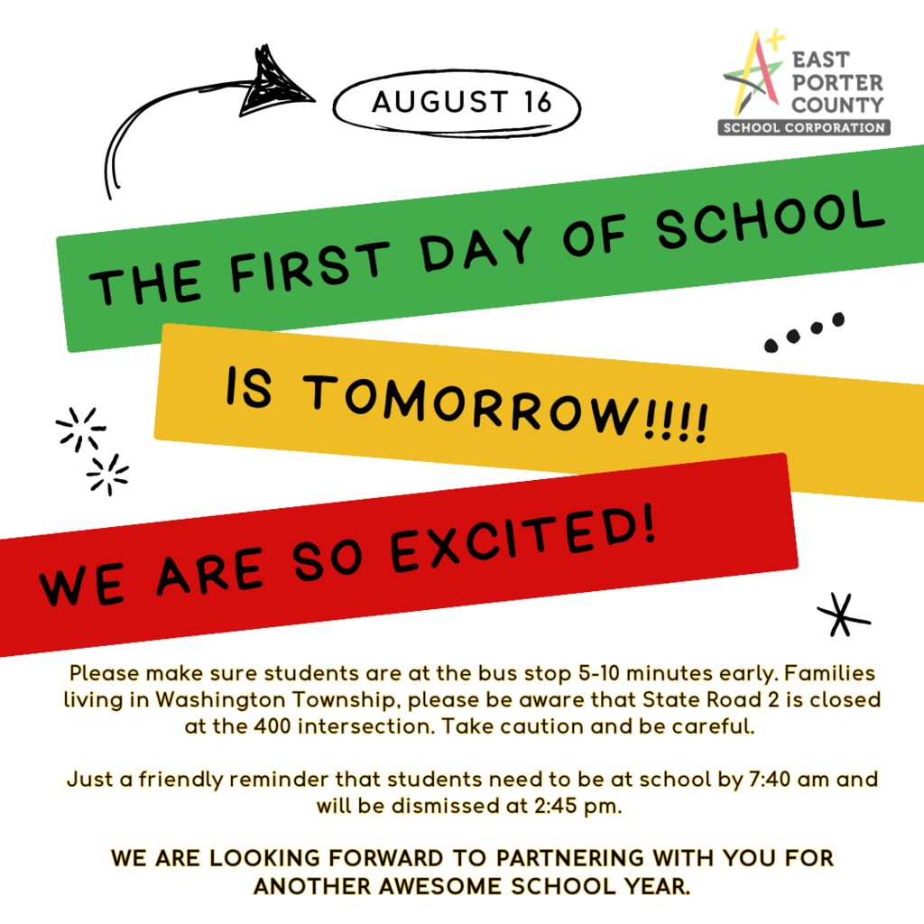 Green yellow and red bars saying the first day of school is tomorrow.
