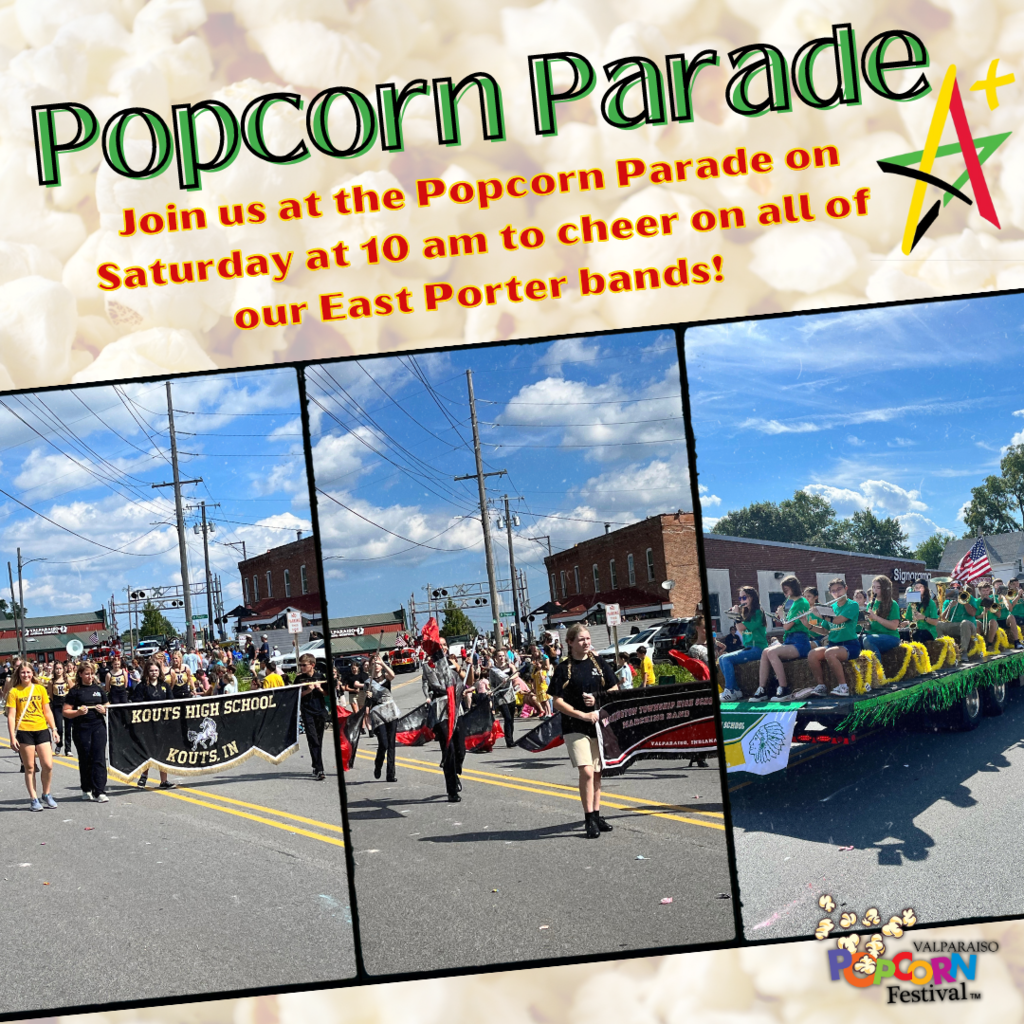 Popcorn parade title with popcorn background and pictures of all school bands